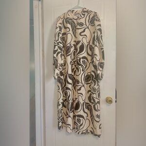 A-line dress, Midi dress, Cream+Black pattern dress